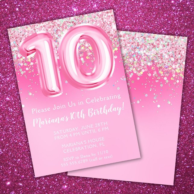 Invitación de cumpleaños 10 Pink Girly Glitter ros (Subido por el creador)