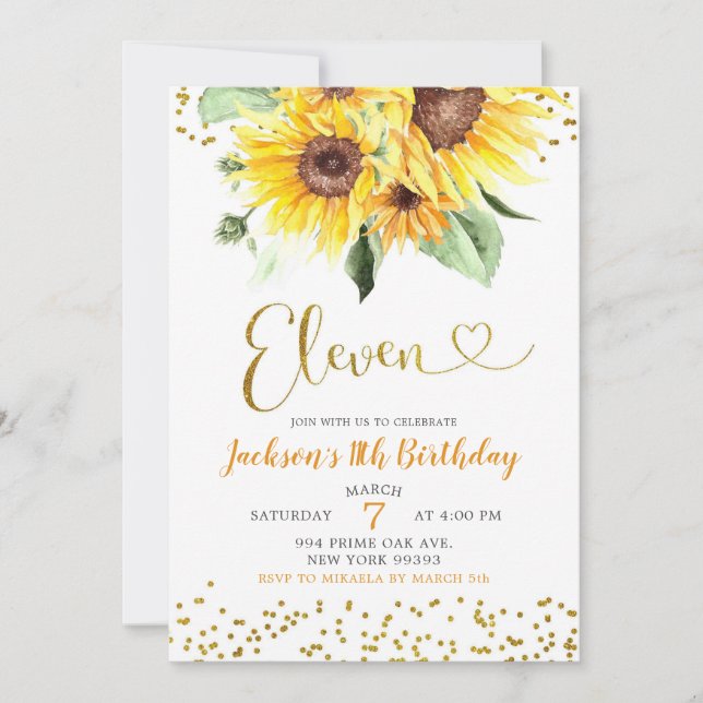 Invitación de cumpleaños 11 a Sunflower (Anverso)