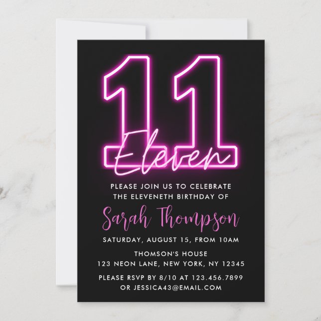 Invitación de cumpleaños 11 de Neon Pink (Anverso)