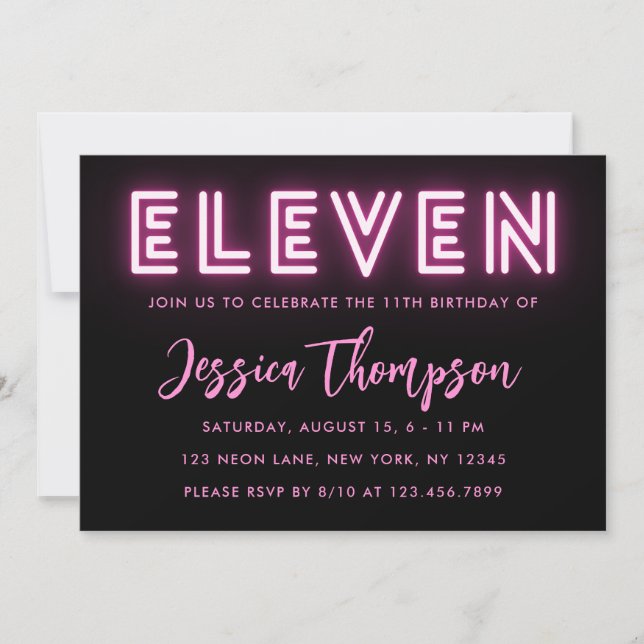 Invitación de cumpleaños 11 de Neon Pink (Anverso)