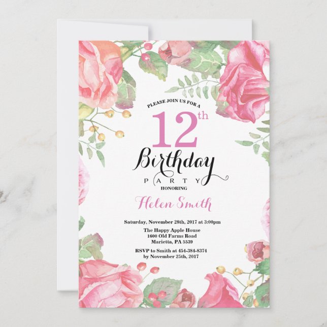 Invitación de cumpleaños 12º con flores botánicas (Anverso)