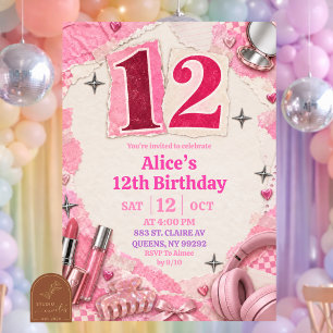 Invitación de cumpleaños 12 collage rosa Y2k niña
