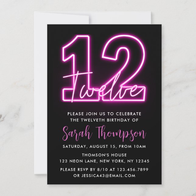 Invitación de cumpleaños 12 de Neon Pink (Anverso)