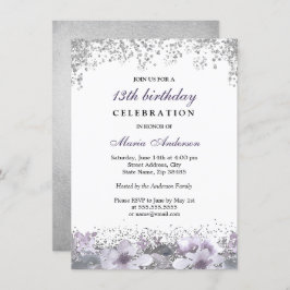 Invitación de cumpleaños 13 a la floral morada Pur