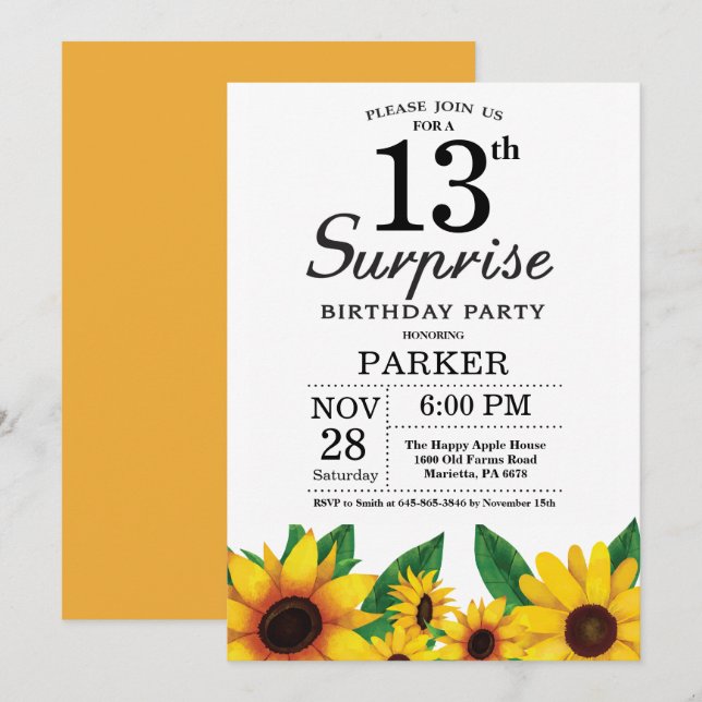Invitación de cumpleaños 13 a la sorpresa del gira (Anverso / Reverso)
