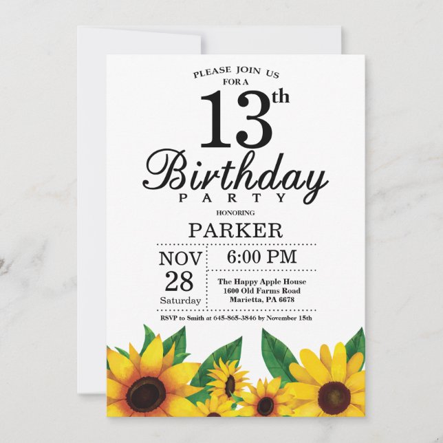 Invitación de cumpleaños 13 a Sunflower (Anverso)