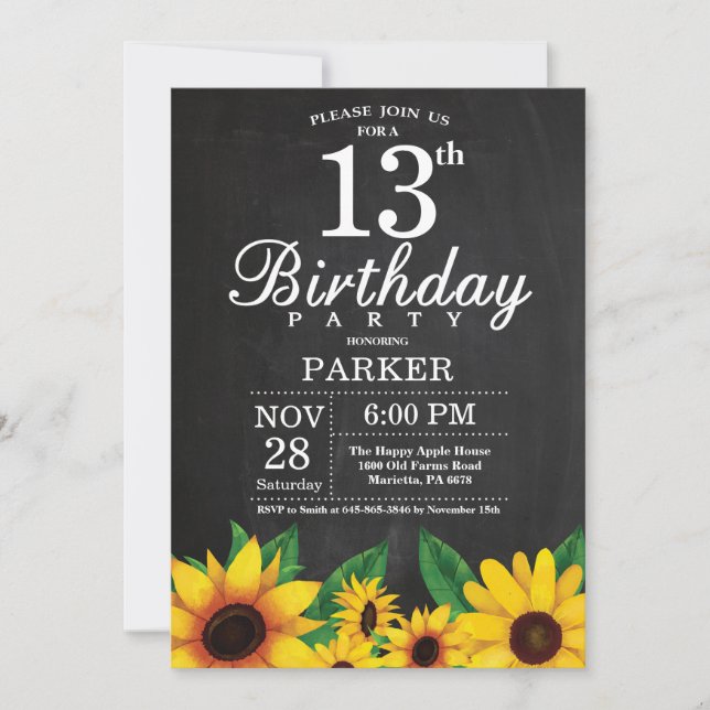 Invitación de cumpleaños 13 a Sunflower (Anverso)