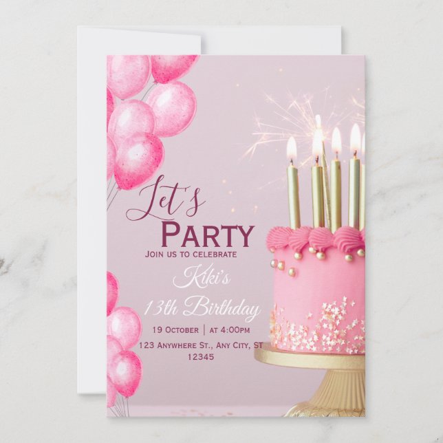Invitación de cumpleaños 13 años con acuarela rosa (Anverso)