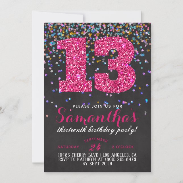 Invitación de cumpleaños 13 con confeti (Anverso)