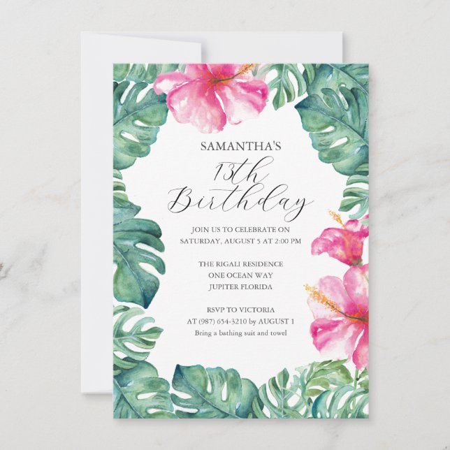 Invitación de cumpleaños 13 de Girly Pink Tropical (Anverso)