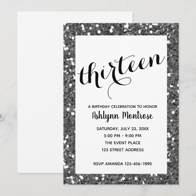Invitación de cumpleaños 13 de Silver purpurina (Anverso / Reverso)