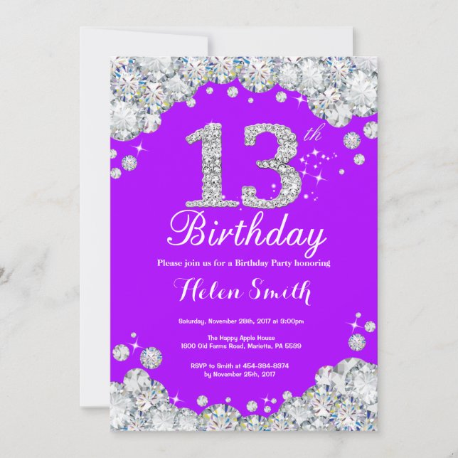 Invitación de cumpleaños 13 Diamante morado y plat (Anverso)