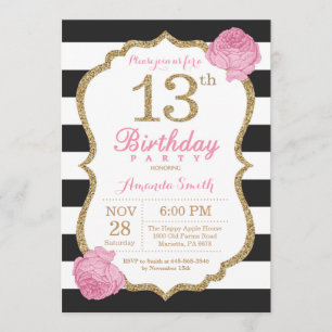 Invitación de cumpleaños 13 Floral de oro negro ro