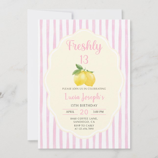 Invitación de cumpleaños 13 frescamente limonada l (Anverso)