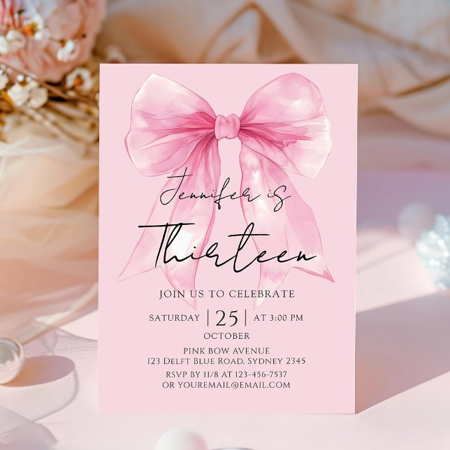 Invitación de cumpleaños 13 lazo rosa Coquette (Subido por el creador)