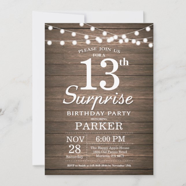 Invitación de cumpleaños 13 Rustic Surprise Madera (Anverso)
