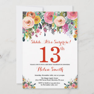 Invitación de cumpleaños 13 sorpresa floral roja