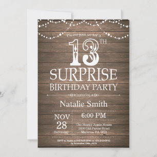 Invitación de cumpleaños 13 sorpresa rústica