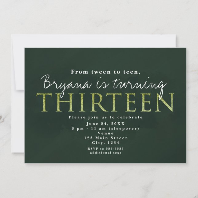Invitación de cumpleaños 13 verde 13 (Anverso)