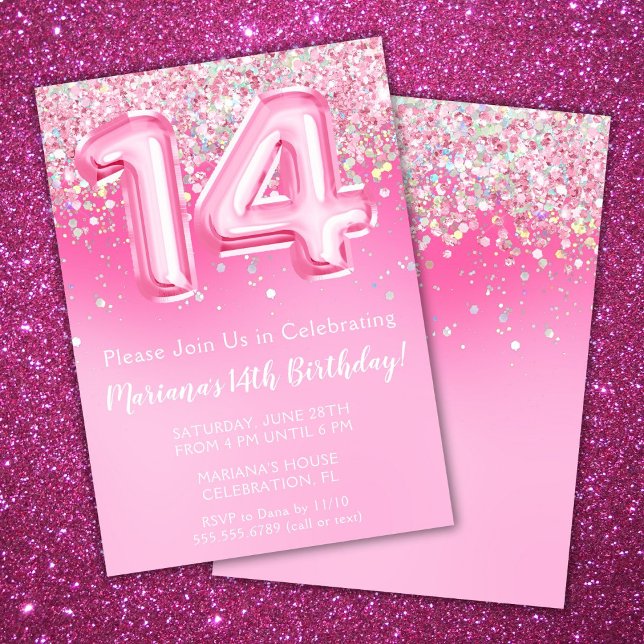 Invitación de cumpleaños 14 rosa niña brillo rosa (Subido por el creador)