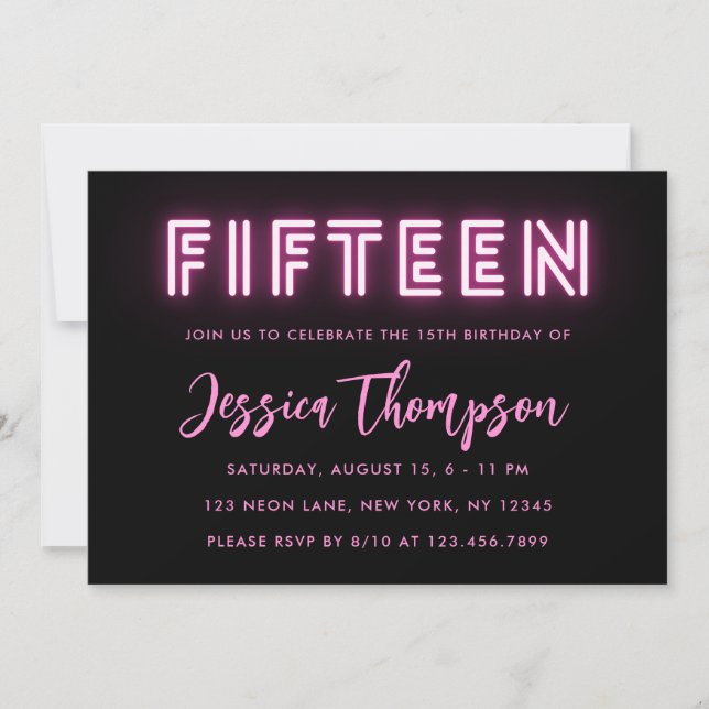 Invitación de cumpleaños 15º Neon Pink (Anverso)