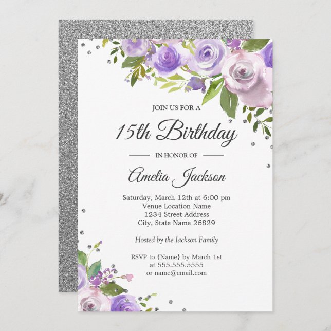 Invitación de cumpleaños 15 a la floral de espuma  (Anverso / Reverso)