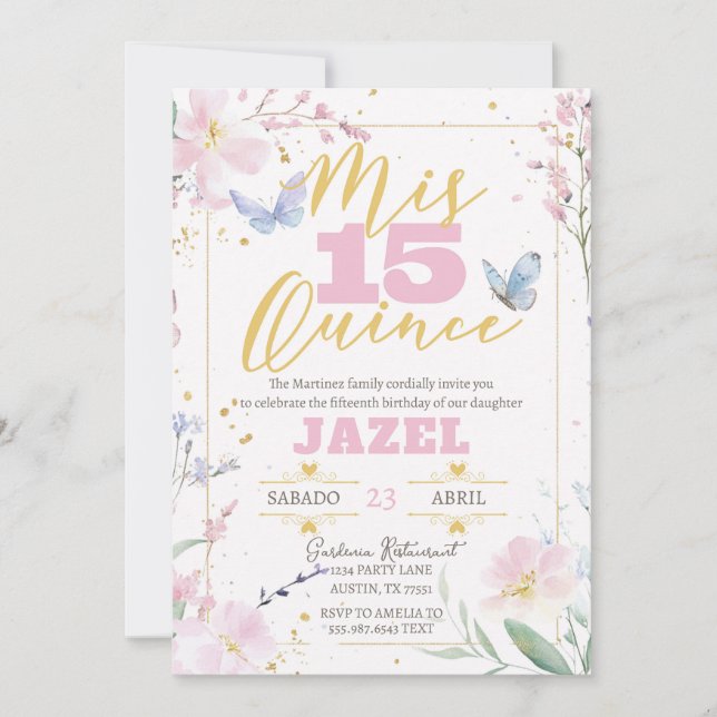 Invitación de cumpleaños 15 a la quinceañera de ma (Anverso)
