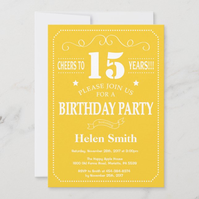 Invitación de cumpleaños 15 Amarillo y Blanco (Anverso)