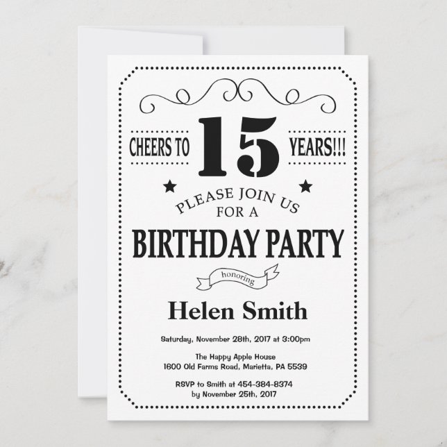 Invitación de cumpleaños 15: Blanco y negro (Anverso)
