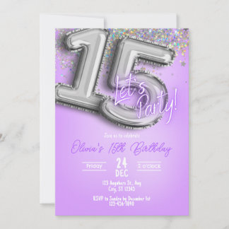Invitación de cumpleaños 15 con purpurina morada