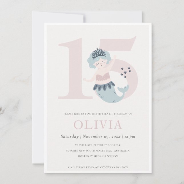 Invitación de cumpleaños 15 de sirena rosa azul li (Anverso)
