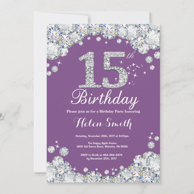 Invitación de cumpleaños 15 Diamante morado y plat (Anverso)