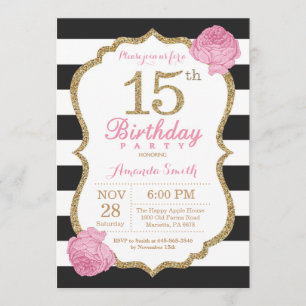 Invitación de cumpleaños 15 Floral de oro negro ro