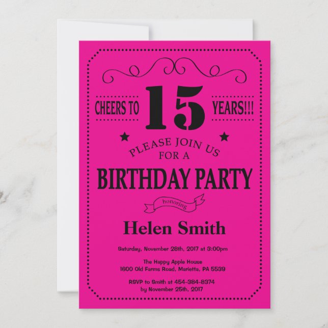 Invitación de cumpleaños 15: Negro y rosa caliente (Anverso)