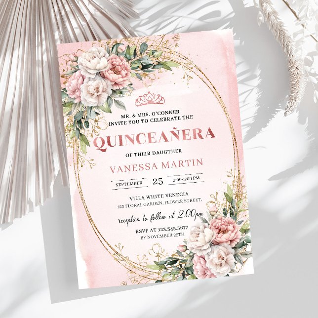 Invitación de cumpleaños 15 Pastel Rosas Flores Ve (Pastel Pink Flowers Greenery 15th Birthday Invite Design

)