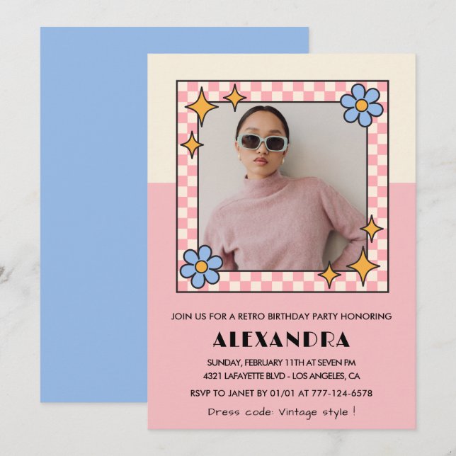 invitación de cumpleaños 15 Retro Groovy Flores Ro (Anverso / Reverso)