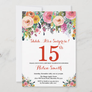 Invitación de cumpleaños 15 sorpresa floral roja