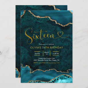 Invitación de cumpleaños 16º Agate verde azulado y