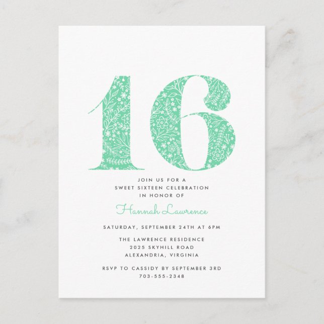 Invitación de cumpleaños 16 a Mint Green Floral Sw (Anverso)