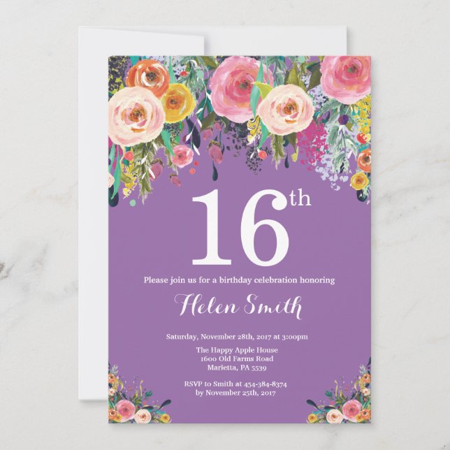 Invitación de cumpleaños 16 a Purple Floral (Anverso)