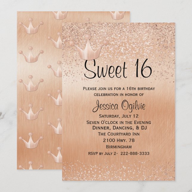 Invitación de cumpleaños 16 a Rosa Gold Crown Gold (Anverso / Reverso)