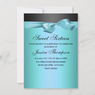 Invitación de cumpleaños 16 Blue & Black Bow Sweet