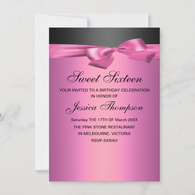 Invitación de cumpleaños 16 Bow Rosado y Negro Dul (Anverso)