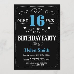 Invitación de cumpleaños 16 Cartón azul y negro