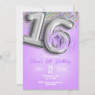 Invitación de cumpleaños 16 con purpurina morada