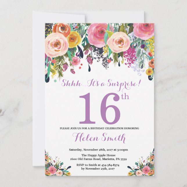 Invitación de cumpleaños 16 con sorpresa floral pú (Anverso)