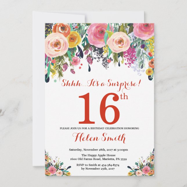 Invitación de cumpleaños 16 con sorpresa floral ro (Anverso)