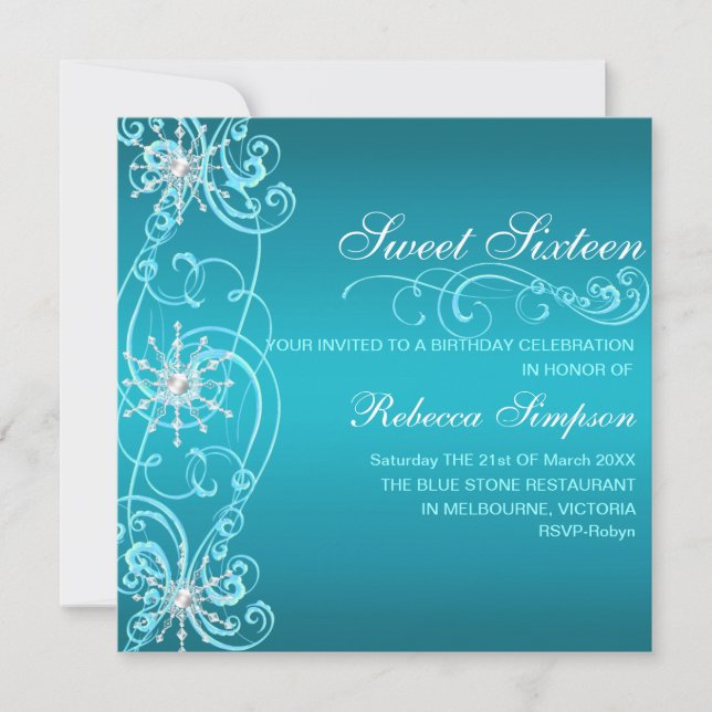 Invitación de cumpleaños 16 Copos de nieve azules  (Anverso)