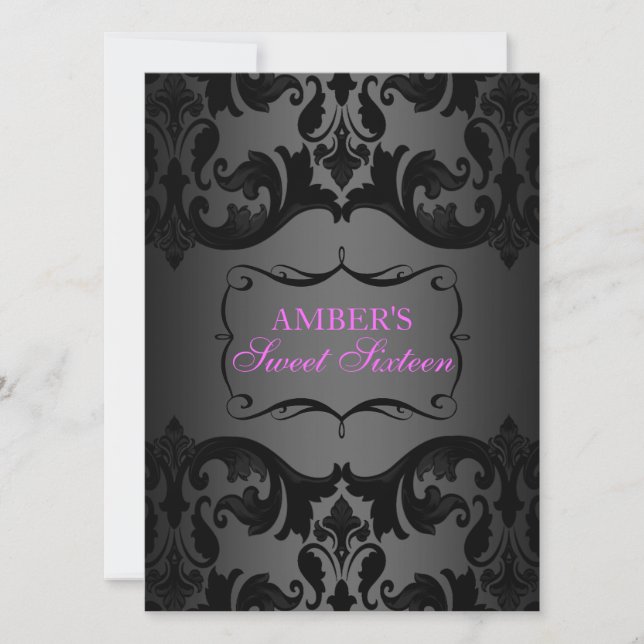 Invitación de cumpleaños 16 damascal rosa y negra (Anverso)