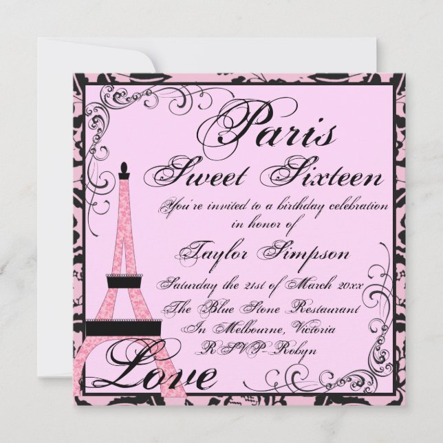 Invitación de cumpleaños 16 de París rosa/negro (Anverso)